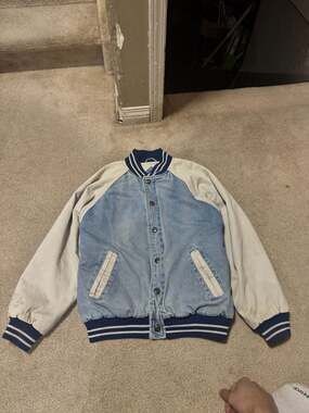 Vintage 90s New Legends TwoTone Denim Varsity Bomber Jacket Youth XL, Mens Small